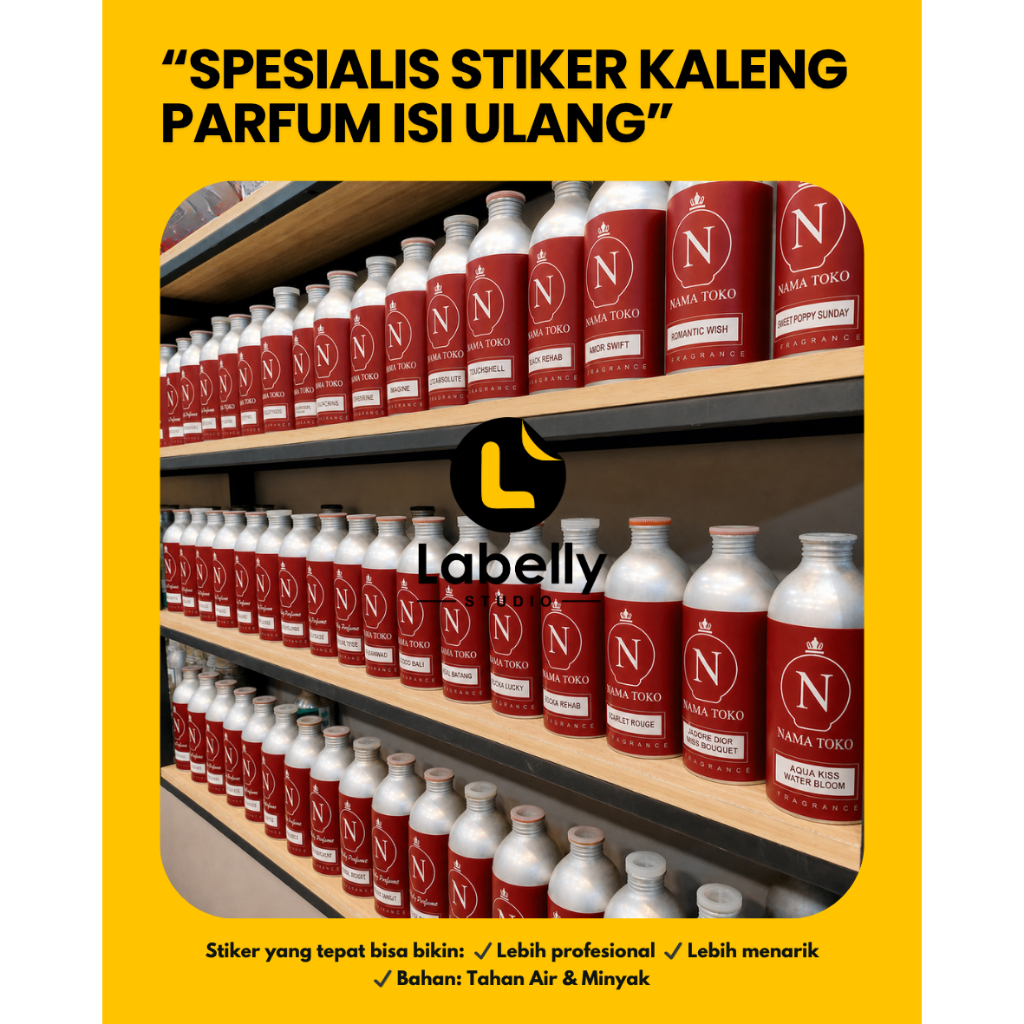 Stiker Botol Kaleng Parfum Refill Custom – Tahan Air Parfum & Minyak,  1000ml 500ml 250ml, Waterproo