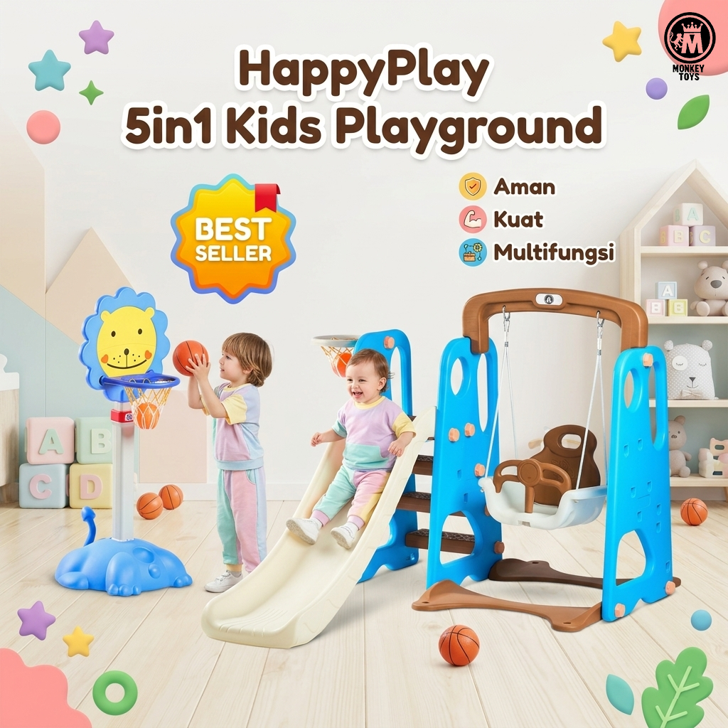 MMonkeyToys Perosotan Ayunan Anak  5IN1 Tinggi 1 METER Slide And Swings Indoor Outdoor Playground
