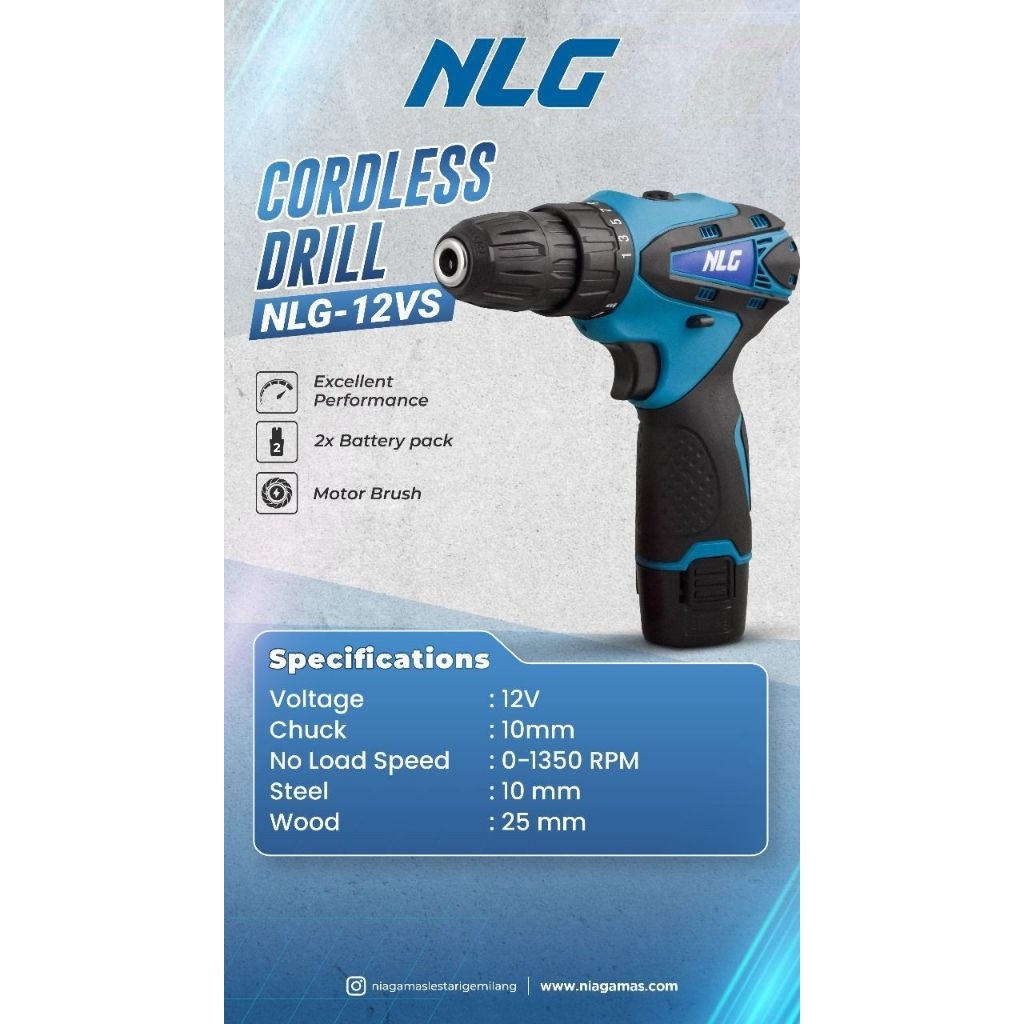 CT_ NLG Cordless Drill 10m NLG-12vs Bor Baterai 10mm 12volt