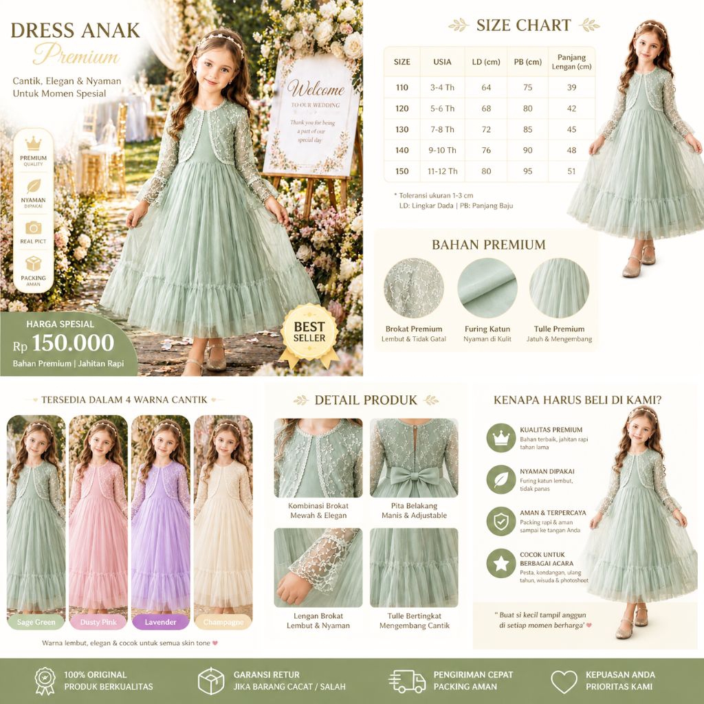 Gamis Anak Perempuan Premium Tulle | Dress Pesta Anak Elegan Brokat Layer | Baju Anak Kekinian Rose 