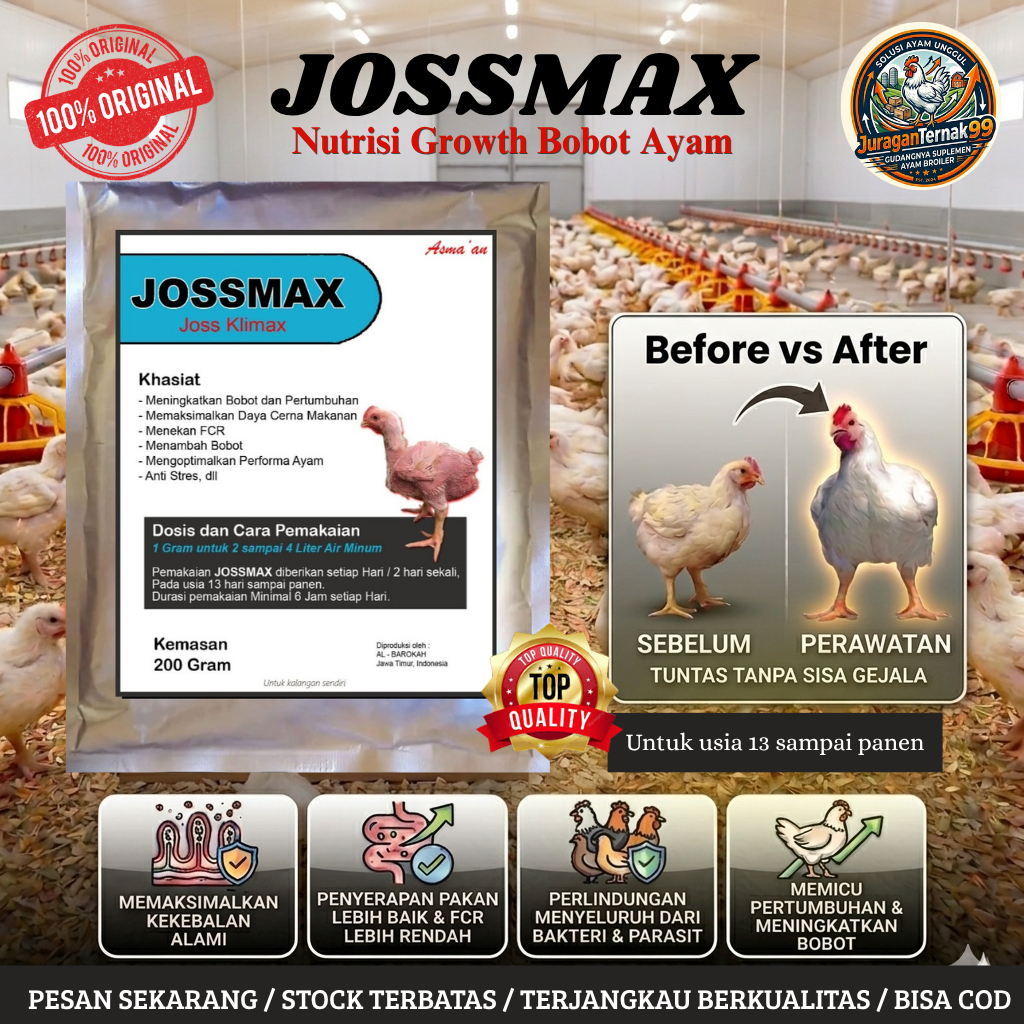 JOSSMAX - ( Suplemen Penambah Bobot Ayam Broiler ) - SUPLEMEN dan VITAMIN AYAM BROILER UNTUK PENGGEM