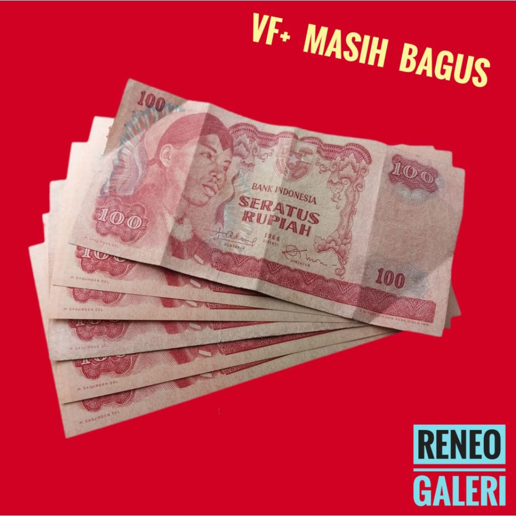 VF+ asli 100 rupiah Seri Sudirman tahun 1968 Rp jendral Soedirman uang kertas kuno Indonesia duit ja