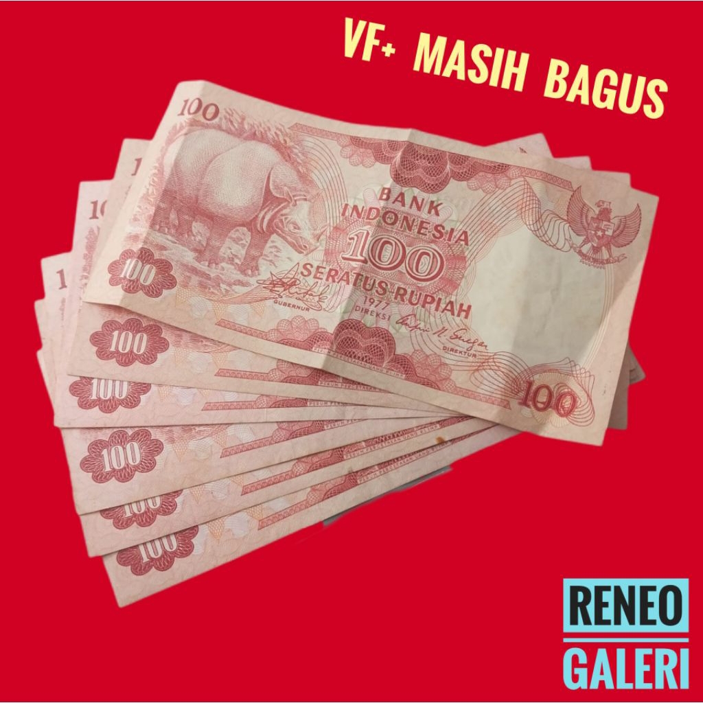 VF+ Asli 100 Rupiah Badak tahun 1977 Rp merah uang kertas kuno duit jadul lawas lama antik Indonesia