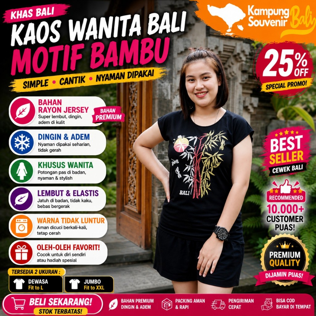 Kaos Bali Rayon Terbaik Motif Bambu ADEM Atasan Wanita Dewasa Jumbo Tanggung Oleh Oleh Khas Bali