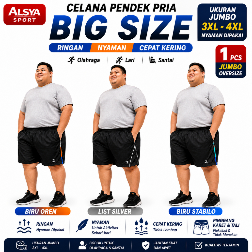 Celana Pendek Olahraga polos olahraga jumbo oversize big size besar short jogging running lari paras