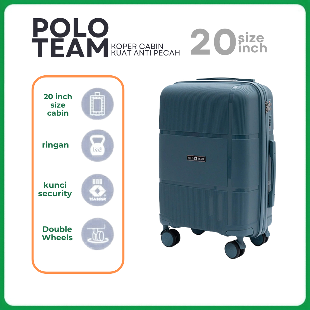 Koper Cabin Polo Team 20 Inch Hitam Kuat Anti Pecah Ringan Dengan TSA Lock Dan Double Wheels