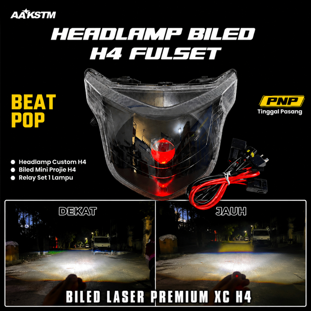 Headlamp Biled H4 Fullset Beat Pop Lampu LED Depan Motor Super Terang Plug & Play Relay Set Tinggal 