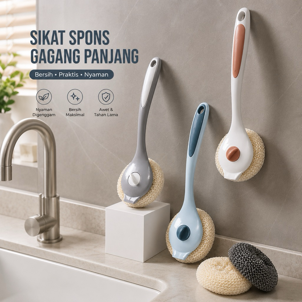 (clashop)Sikat Sabut Kawat Stainless Gagang Panjang Penggosok Pembersih Panci Wajan