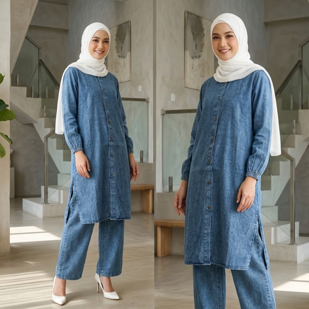 Setelan Wanita Dewasa Anora Jeans Atasan + Kulot Bahan Jeans Wash