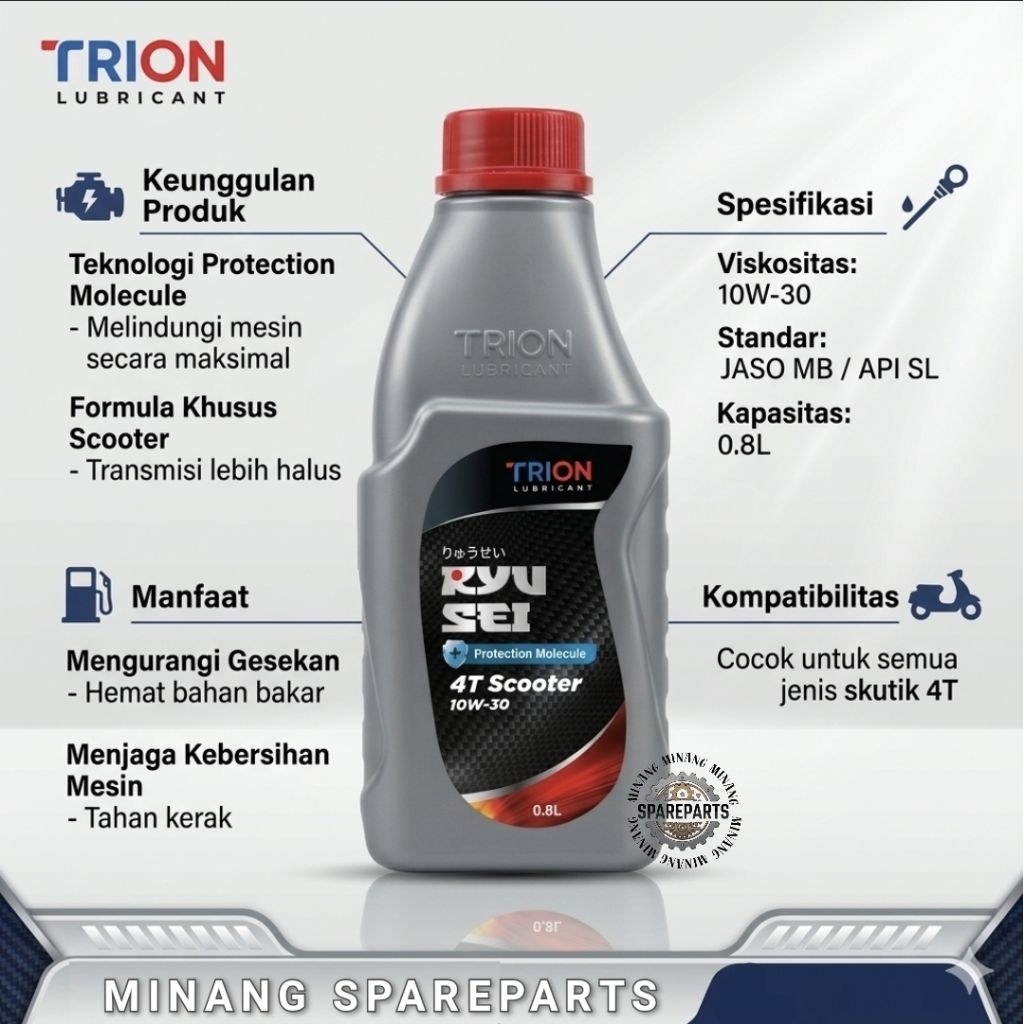 OLI MESIN MOTOR MATIC DAN MANUAL TRION RYU SEI SCOOTER 10W/30 0,8L AP SL JASO MB- TRION RYU SEI 4T M