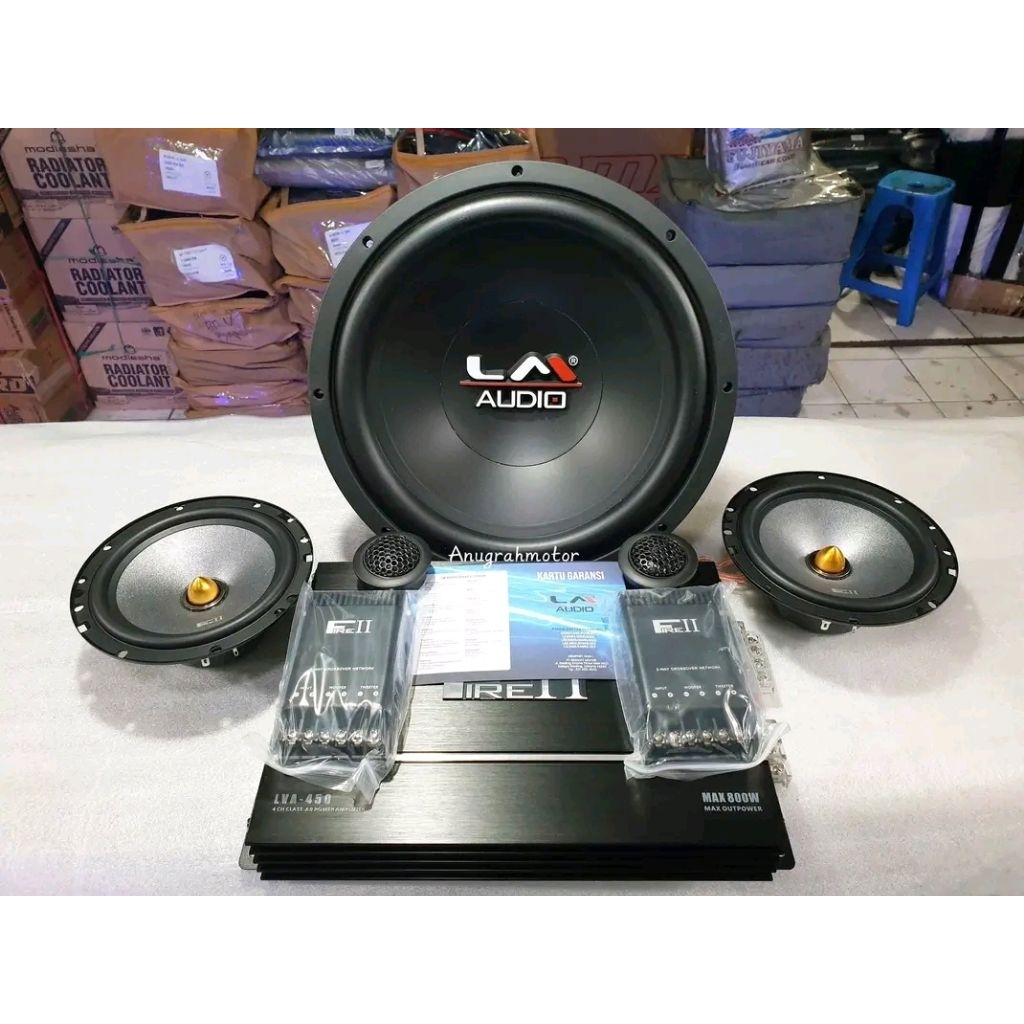 Paket audio mobil LM power 4 Chanel + subwoofer 12 inch + speaker 2 way