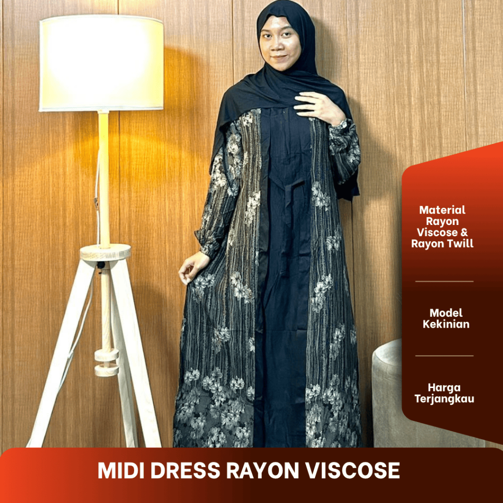 Midi Dress Rayon Viscose Premium Resleting Busui  Lengan Karet Kekinian