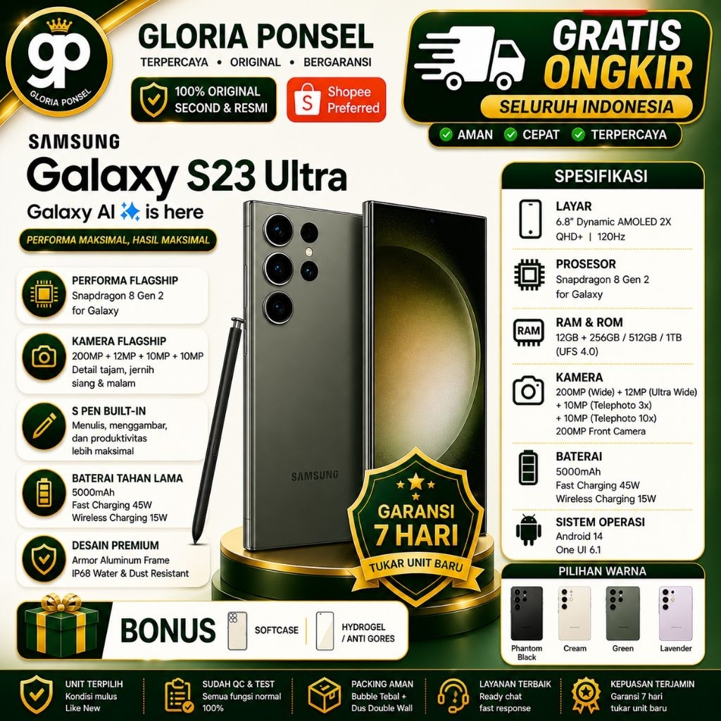 Samsung Galaxy S23 Ultra Second Sein Like New 99% garansi resmi