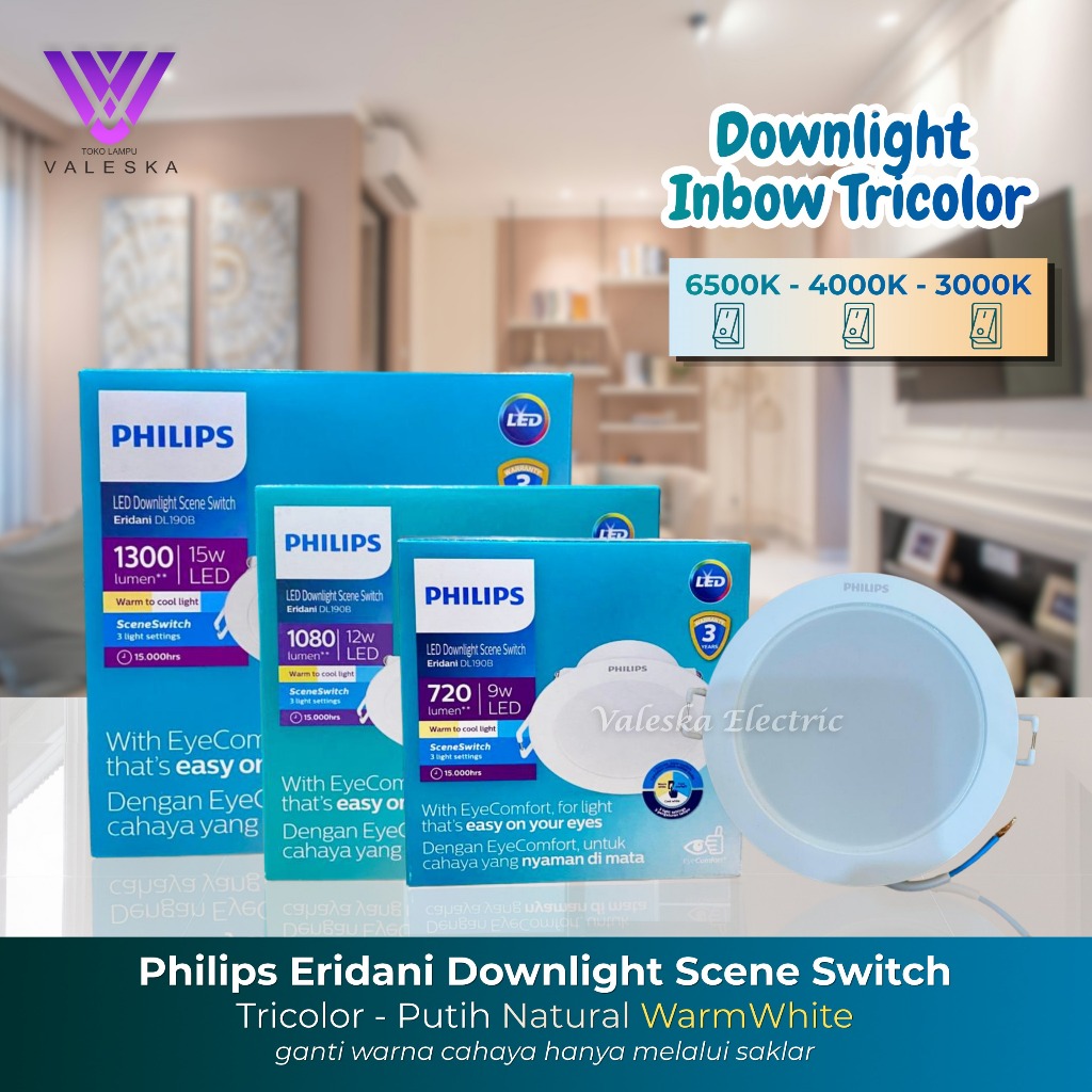 Philips Eridani Scene Switch SSW Downlight Inbow Tanam Plafon Tricolor 3 Warna 9W 12W 15W | Lampu He