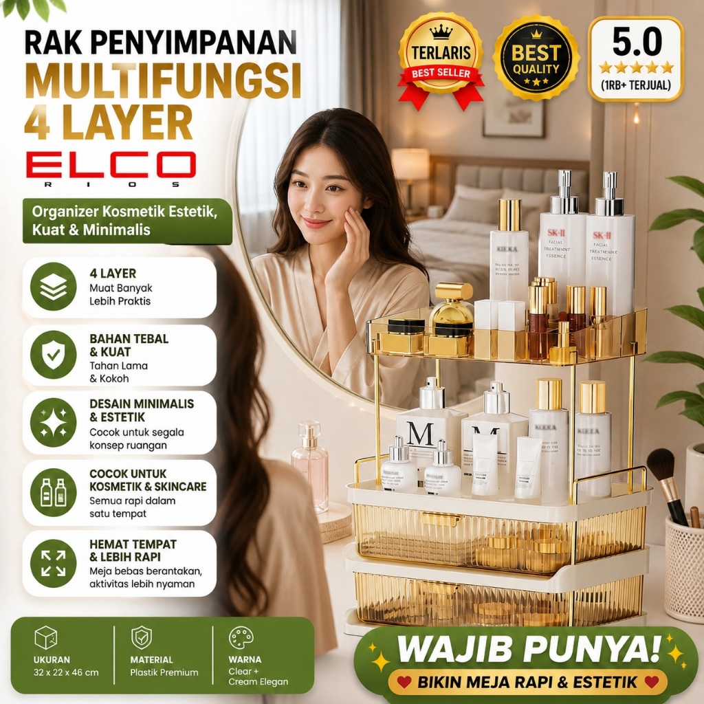 Rak Penyimpanan Multifungsi 4 Layer ELCO RIOS – Organizer Kosmetik Estetik, Minimalis & Super Kokoh 