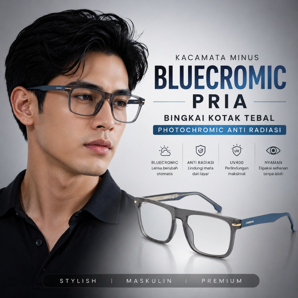 Kacamata Minus Bluecromic Pria Bingkai Kotak Tebal Kaca Mata Photochromic Anti Radiasi COWOK