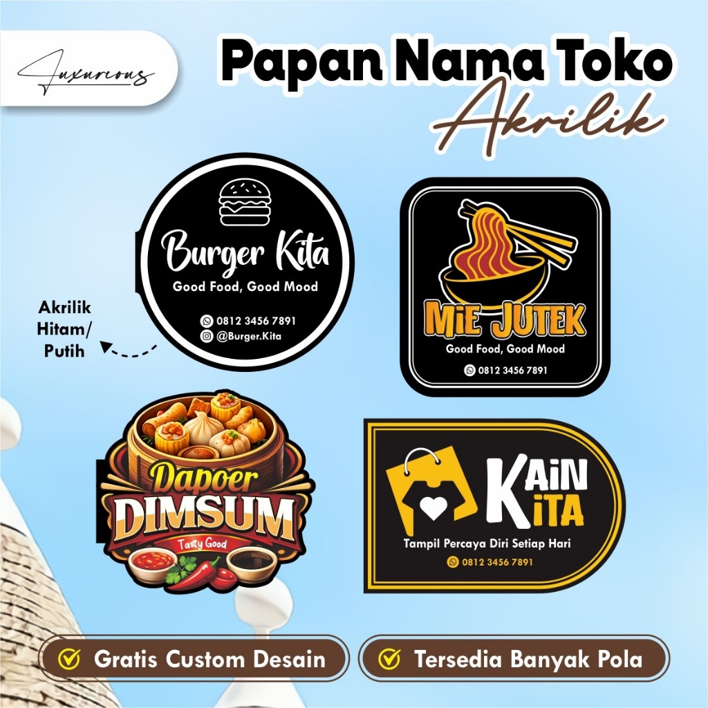 Papan Nama Toko Akrilik Custom Logo – Plang Nama Aesthetic LED Murah Outdoor Indoor