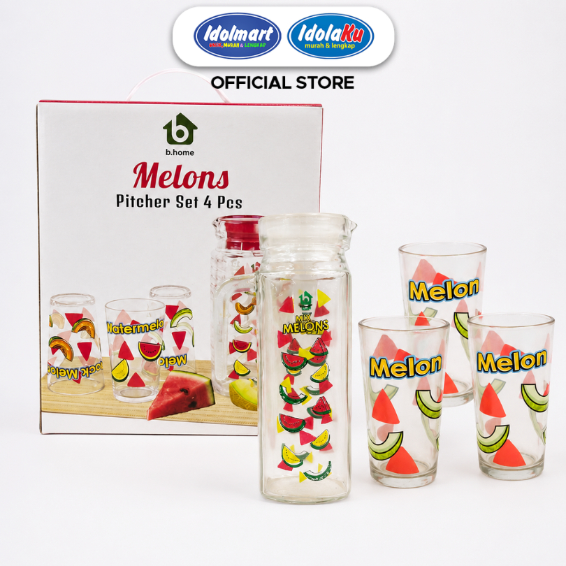IDOLMART Teko Set BBC Gelas Kaca Mix Berries 4 PCS | Pitcher Kaca Motif Buah Premium