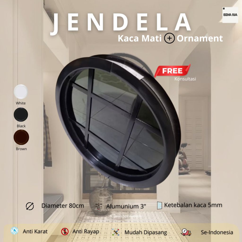 Jendela Bulat Aluminium Minimalis 80cm - Kusen Lingkaran Bending Modern - bi kana