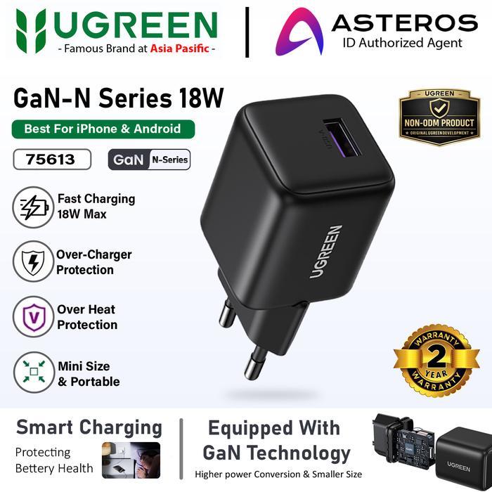 UGREEN 75613 Kepala Adaptor Charger USB A 18W 3A GaN N Series Black Hitam PD Fast Charging Power Del