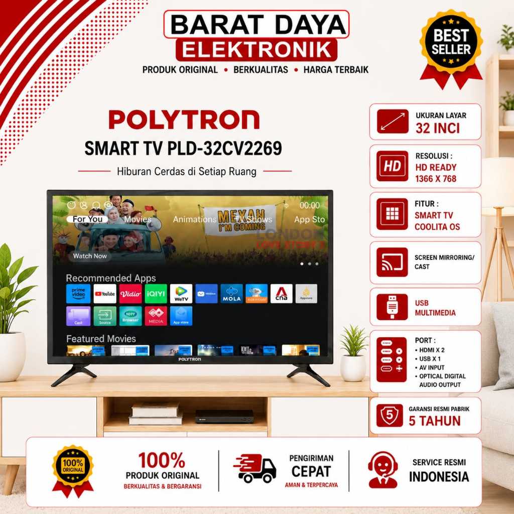 SMART TV LED POLYTRON TV 32 INCH POLYTRON HD EASY SMART TV PLD-32CV2269 LED POLYTRON SMART