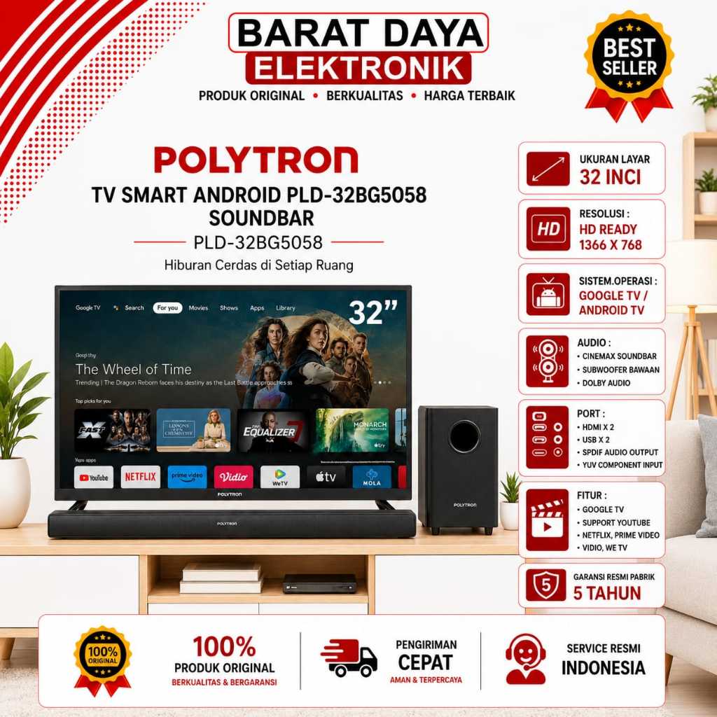 LED SMART POLYTRON Smart Android Cinemax Soundbar LED TV 32 inch PLD 32BG5058 Led Soundbar