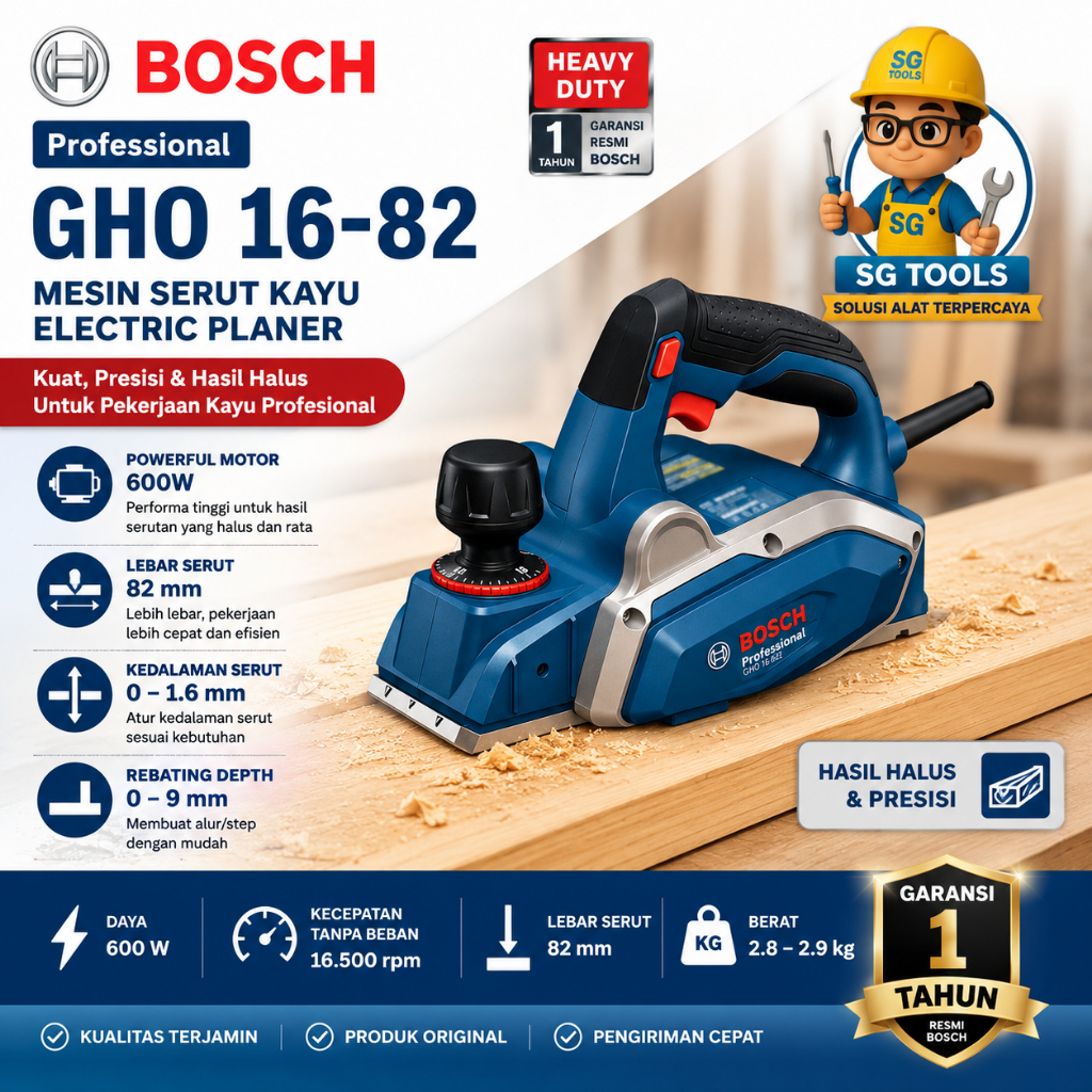 Bosch GHO 16-82 ORIGINAL Mesin Serut Kayu 82mm 630W Presisi Halus - planer bosch -mesin ketam listri