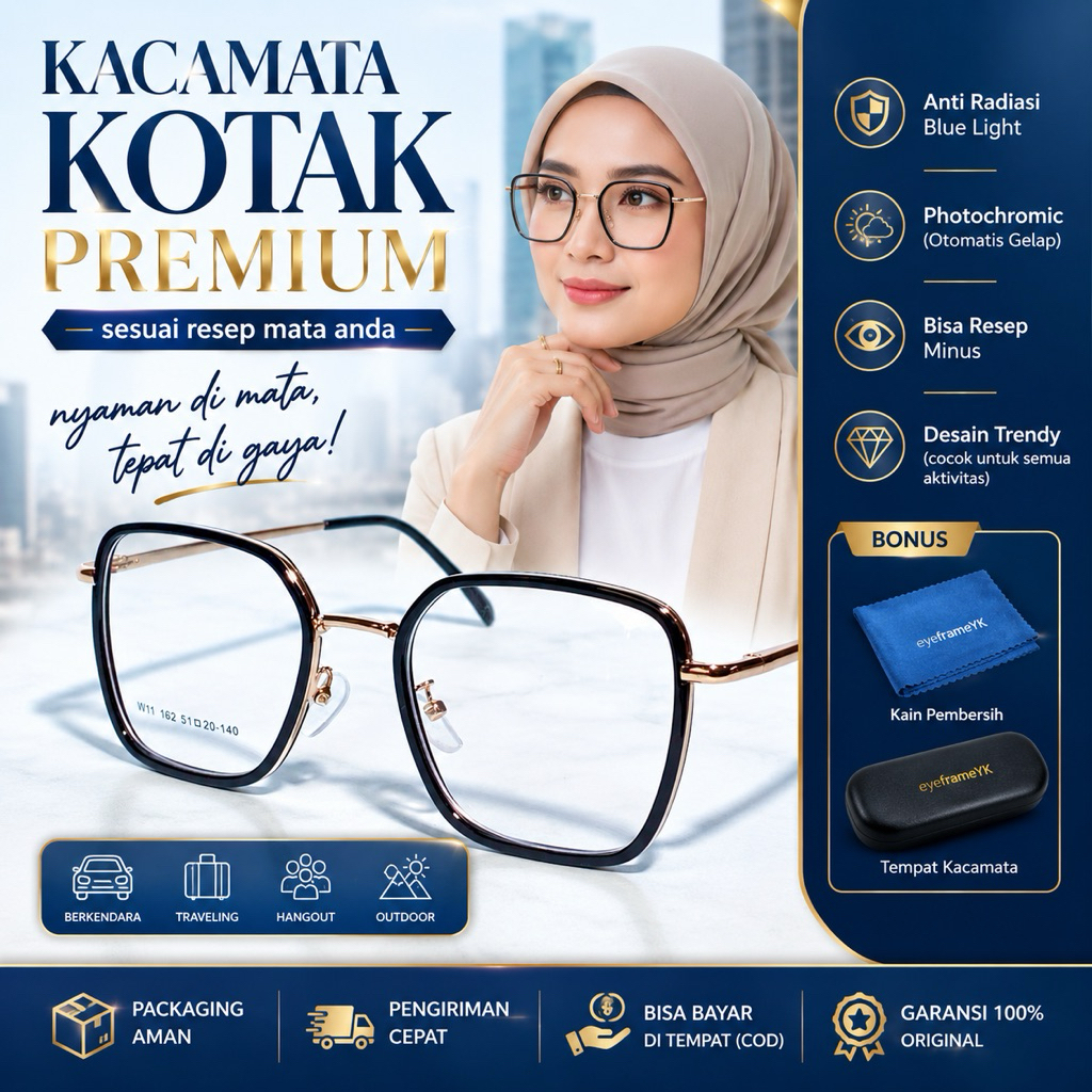 W11 Kacamata Minus Blueray – Lensa Photocromic Custom | Anti Radiasi | Bluecromic Otomatis Gelap