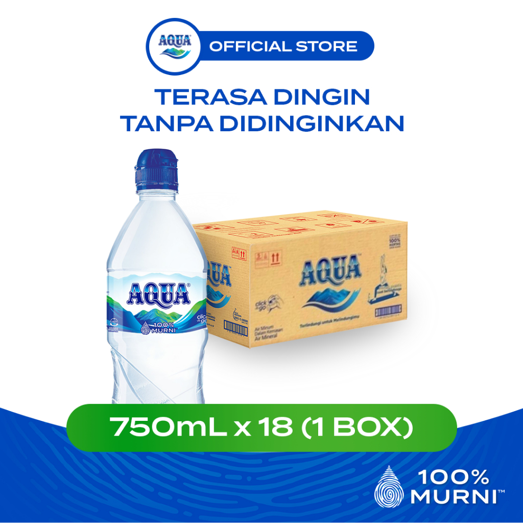 AQUA Air Mineral 750mL x 18 Botol (1 Box), AQUA Botol Sedang, 100% Murni