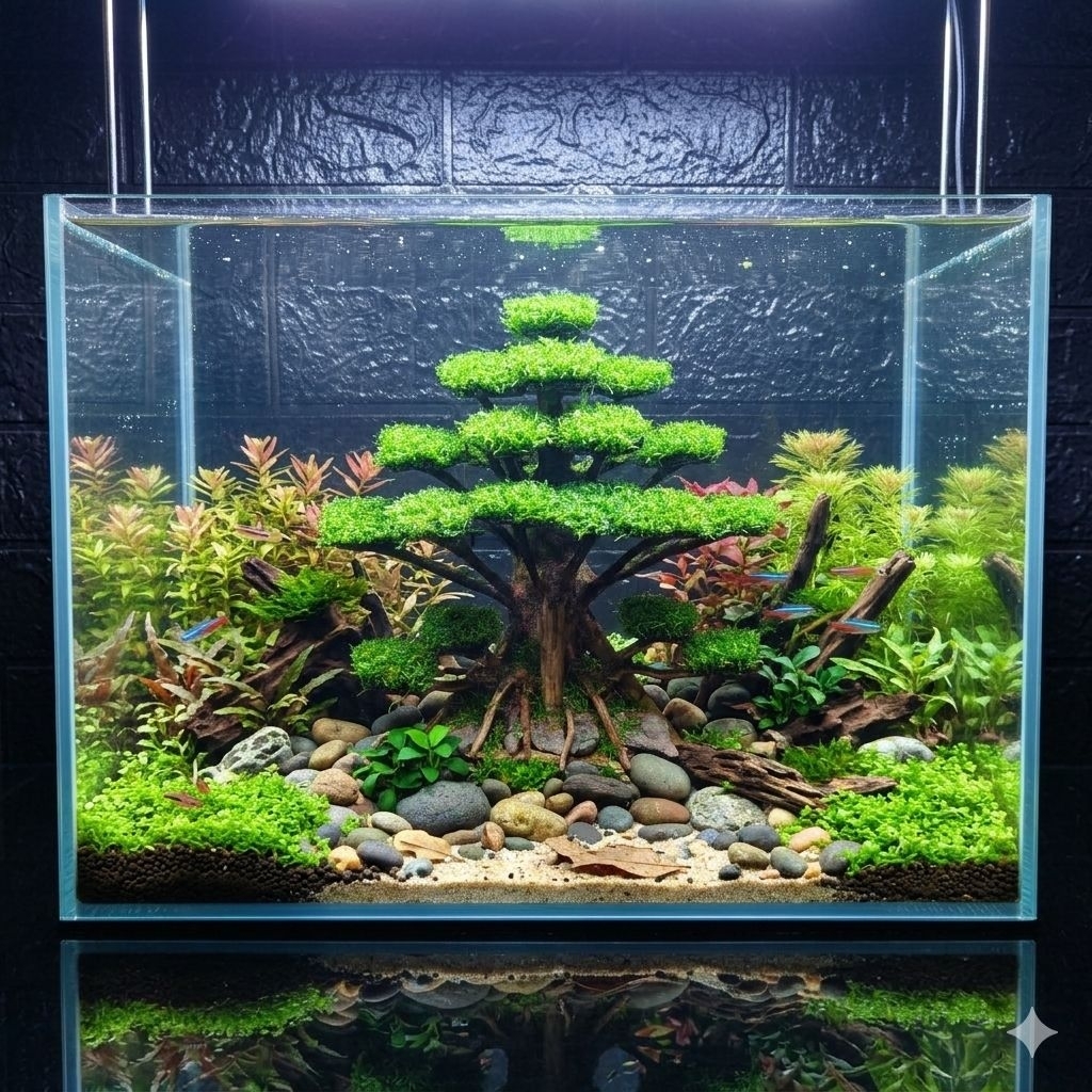 Hiasan akuarium Bonsai tema beringin aquascape mini