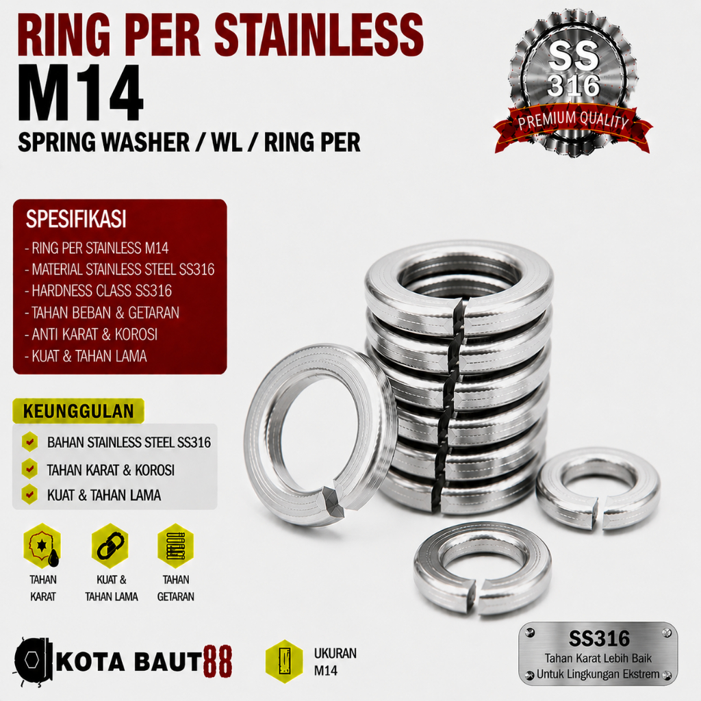 SS316 Ring Per M14 / Spring Washer M14 / WL M14 / Ring Per Stainless M14