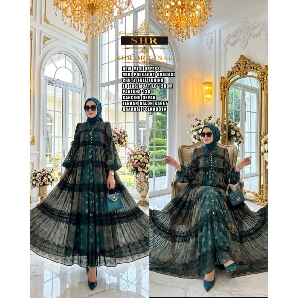 NEW SHR MIDI  DRESS POLKADOT FULL CERUTY PREMIUM LD 106-120 CM JUMBO ORI SHR100%