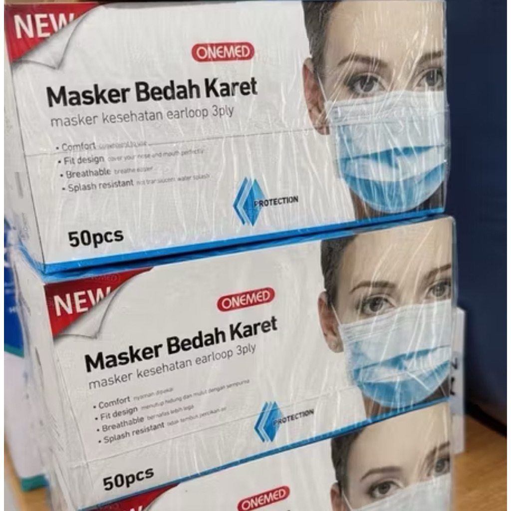 Masker Medis OneMed 3 Ply Earloop Putih 50 pcs - Lembut, Tahan Air, Nyaman Dipakai