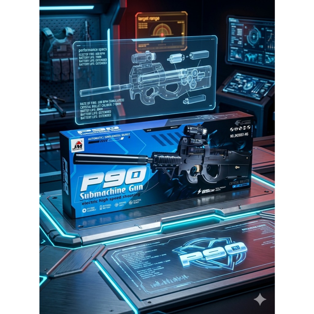 JM Indonesia P90 Gel Blaster submachine gun toy.
