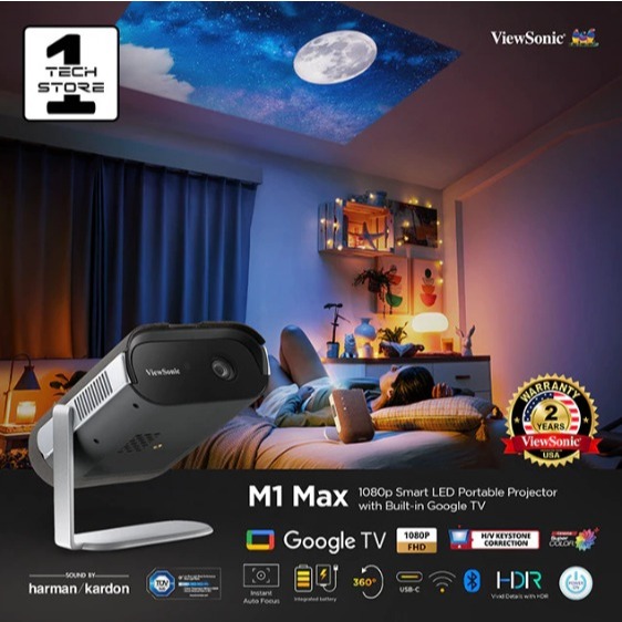 Proyektor Portable ViewSonic M1X MAX Google TV LED FHD 1080p USB C WiFi Bluetooth - Mini Home Projec