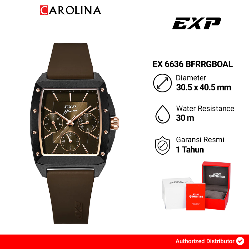 Jam Tangan Wanita Expedition Exp Glamour EX 6636 BFRRGBOAL Black Dial Brown Rubber Strap