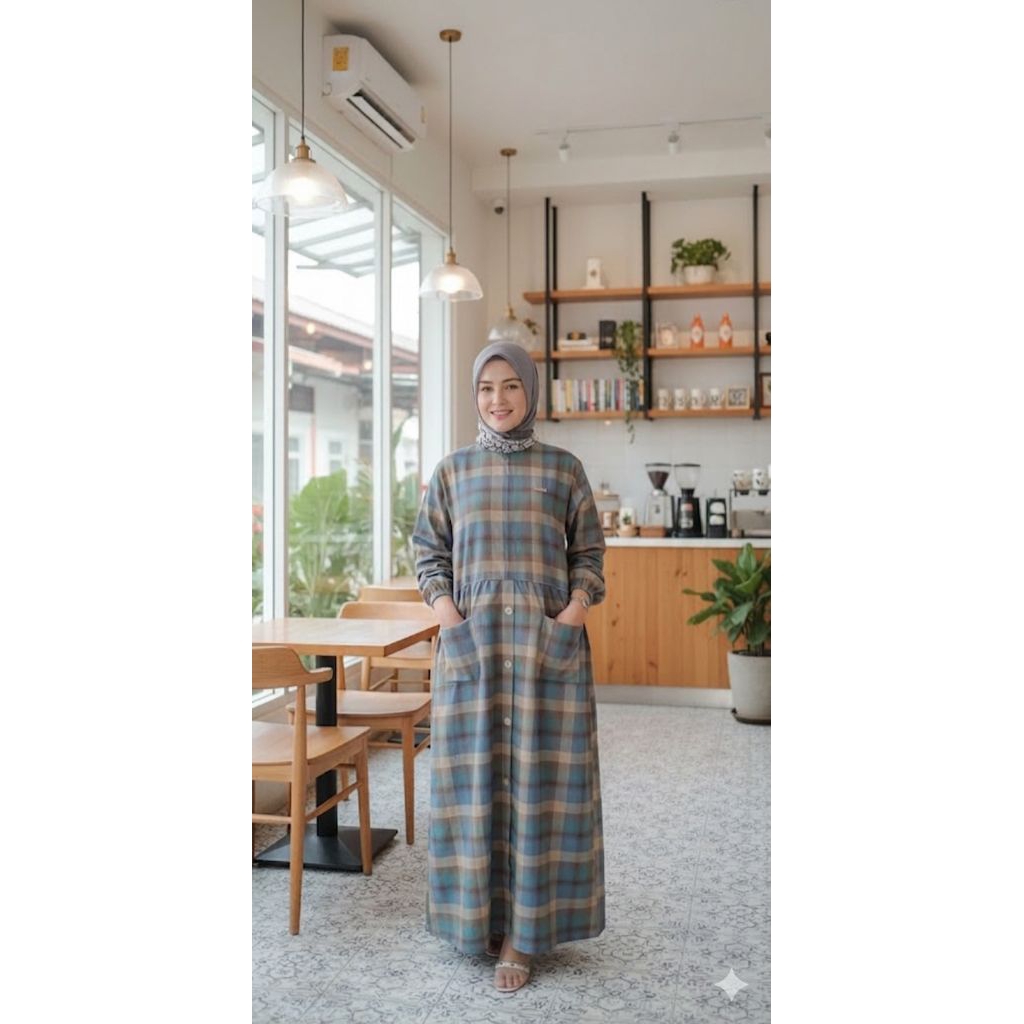 Gamis katun triset dres bahan katun notif kotak salur