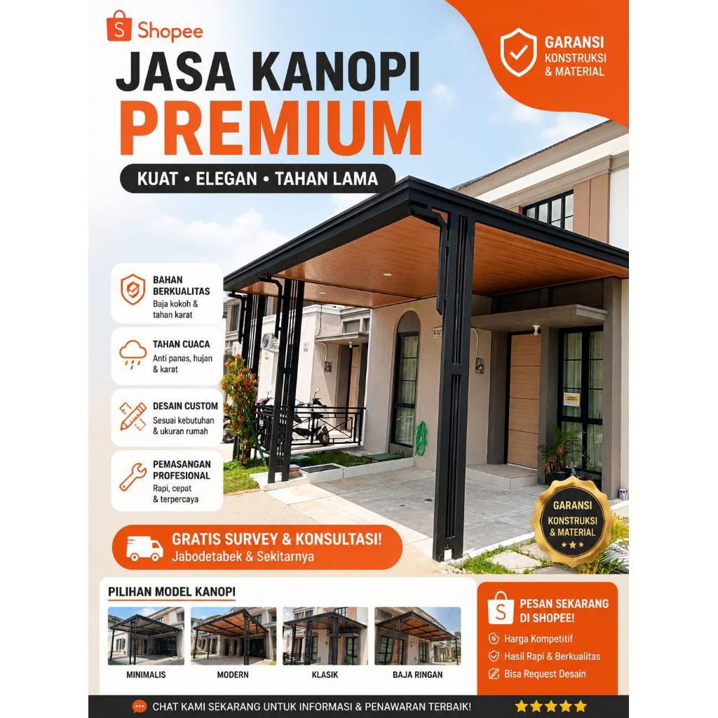 Jasa Kanopi Premium Minimalis Modern | Baja Ringan & Hollow Galvalum | Kanopi Carport Rumah