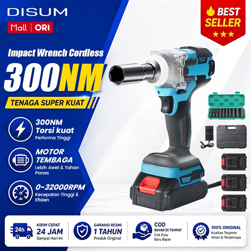 DISUM Mesin Bor Impact Wrench Mesin Bor Reaim Cordless Impact Wrench 300Nm 0-32000RPM Mesin Bor Vict