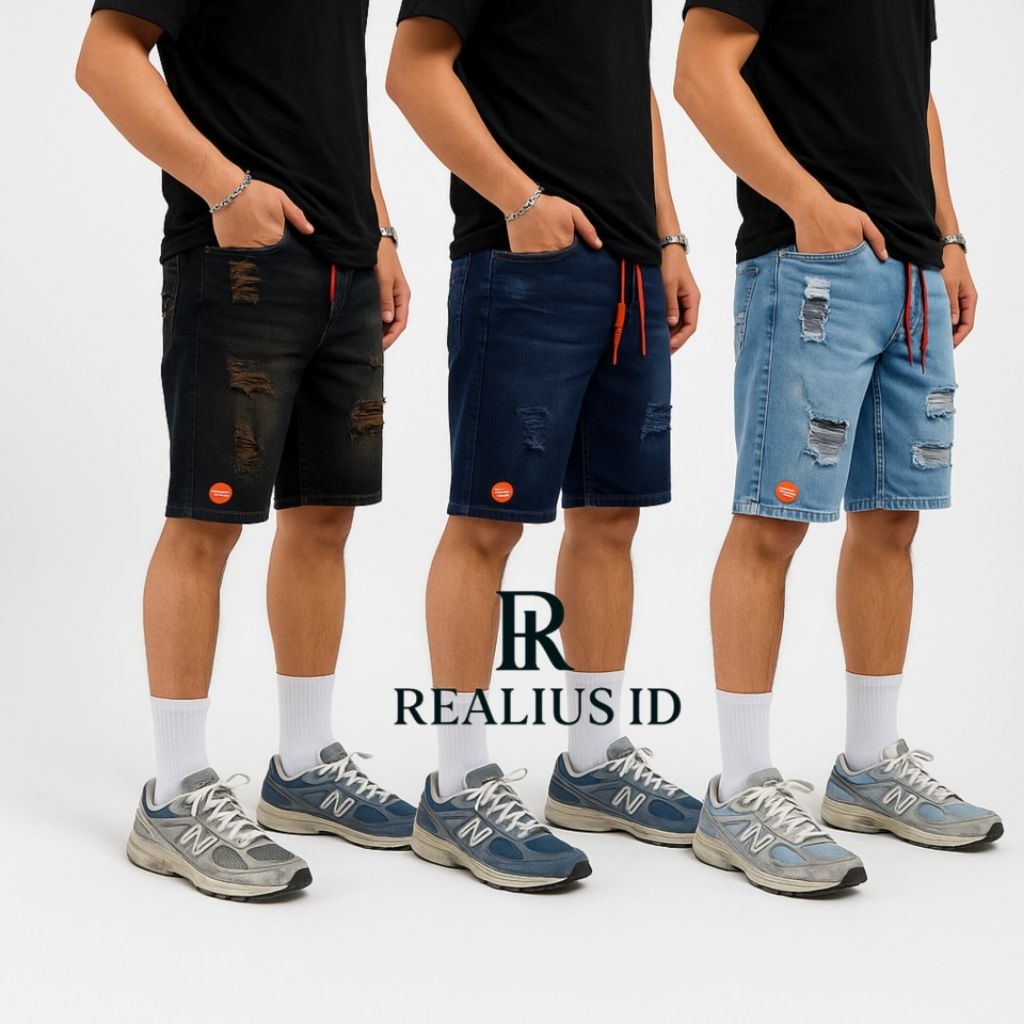 BROARDSHORT Jeans Sobek/Celana Pendek Premium Denim Warna Biru Navy Hitam Abu Retro size 28-39
