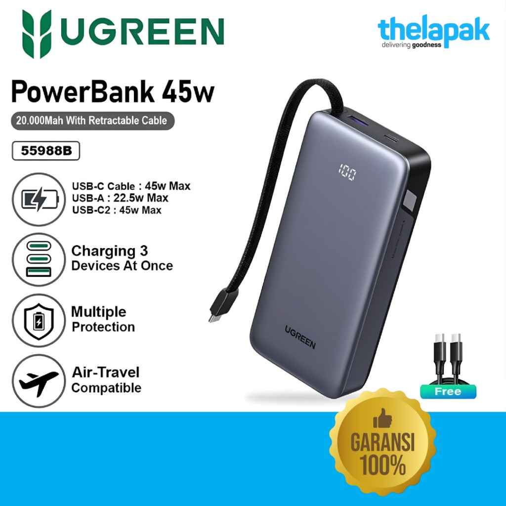 Powerbank Ugreen 20000MAH 45W BUILT-IN Cable Gray/ 55988B