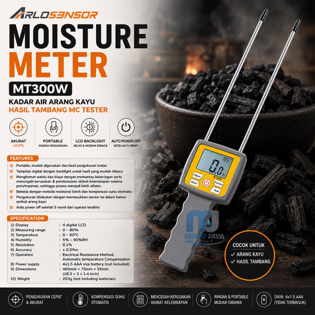 Moisture Meter MT300W Kadar Air Arang Kayu Hasil Tambang MC Tester