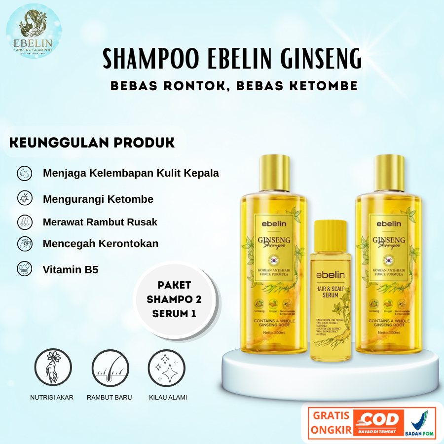 Hemat PCS Ebelin Paket Hemat 3 Pcs Shampo Anti Rontok Ginseng dan Serum Rambut PCS Ebelin Ginseng Sh
