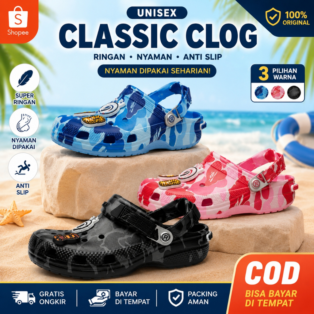 CROCsS X BAPE/Sandal CROCsS X BAPE/Sandal Pria/CROCsS Pria (CROCS CLASSIC X BAPE) (ORIGINAL100%)