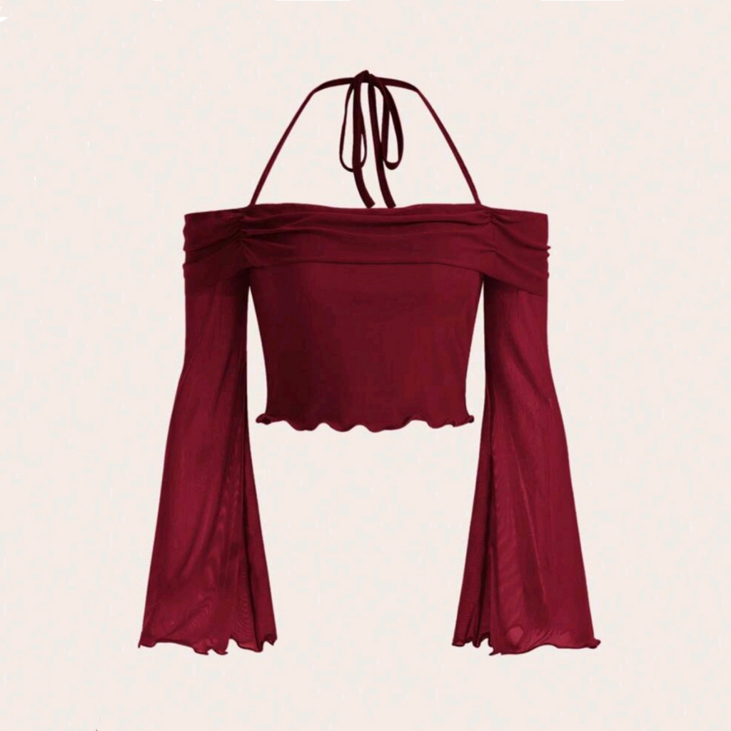 Crop Top Wanita Halter Neck Lengan Flare Ruffle Trim Burgundy