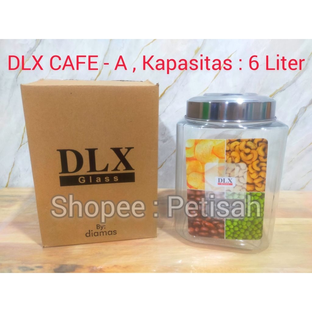 Toples Kaca Persegi DLX CAFE-A 6 Liter / Toples Petak Kaca Tutup Stainless 6 Liter / Toples Segi Ker