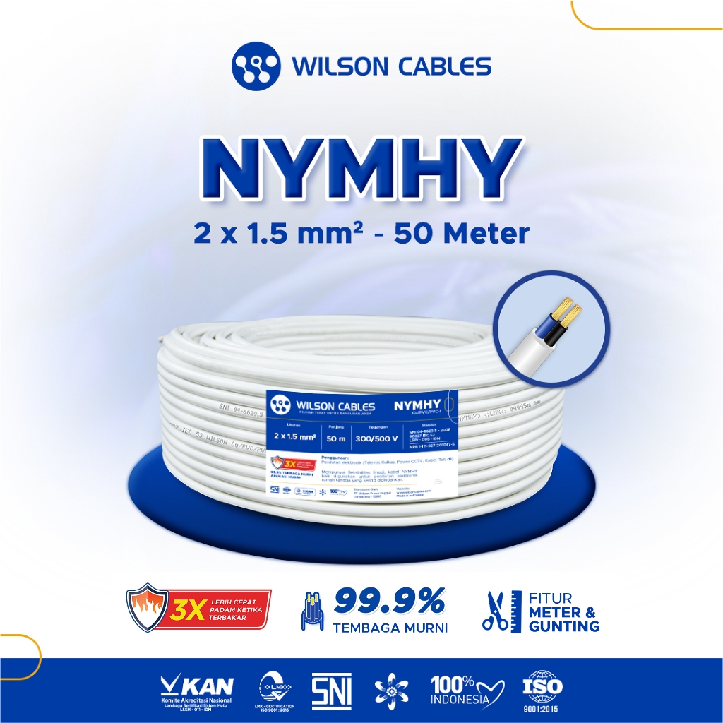WILSON CABLES - NYMHY 2x1.5 mm² (50 Meter) - Kabel Listrik Tembaga Serabut