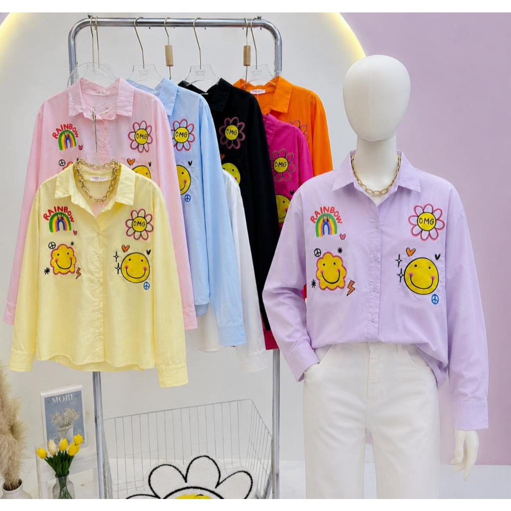Veronica Shirt Longsleeve Smile Rainbow Oversize / Atasan Kemeja Wanita Jumbo Smile Pelangi
