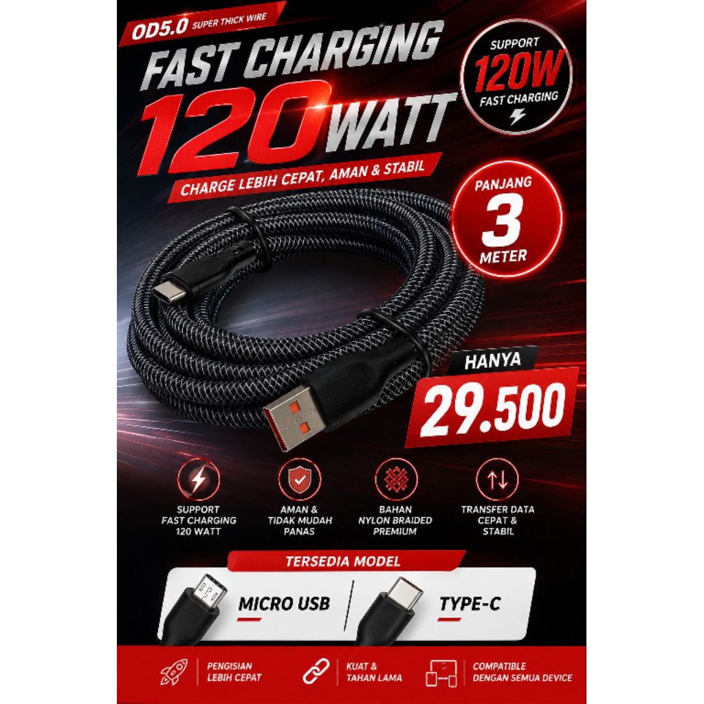 Kabel Charger Fast Charging 120W panjang 3 meter