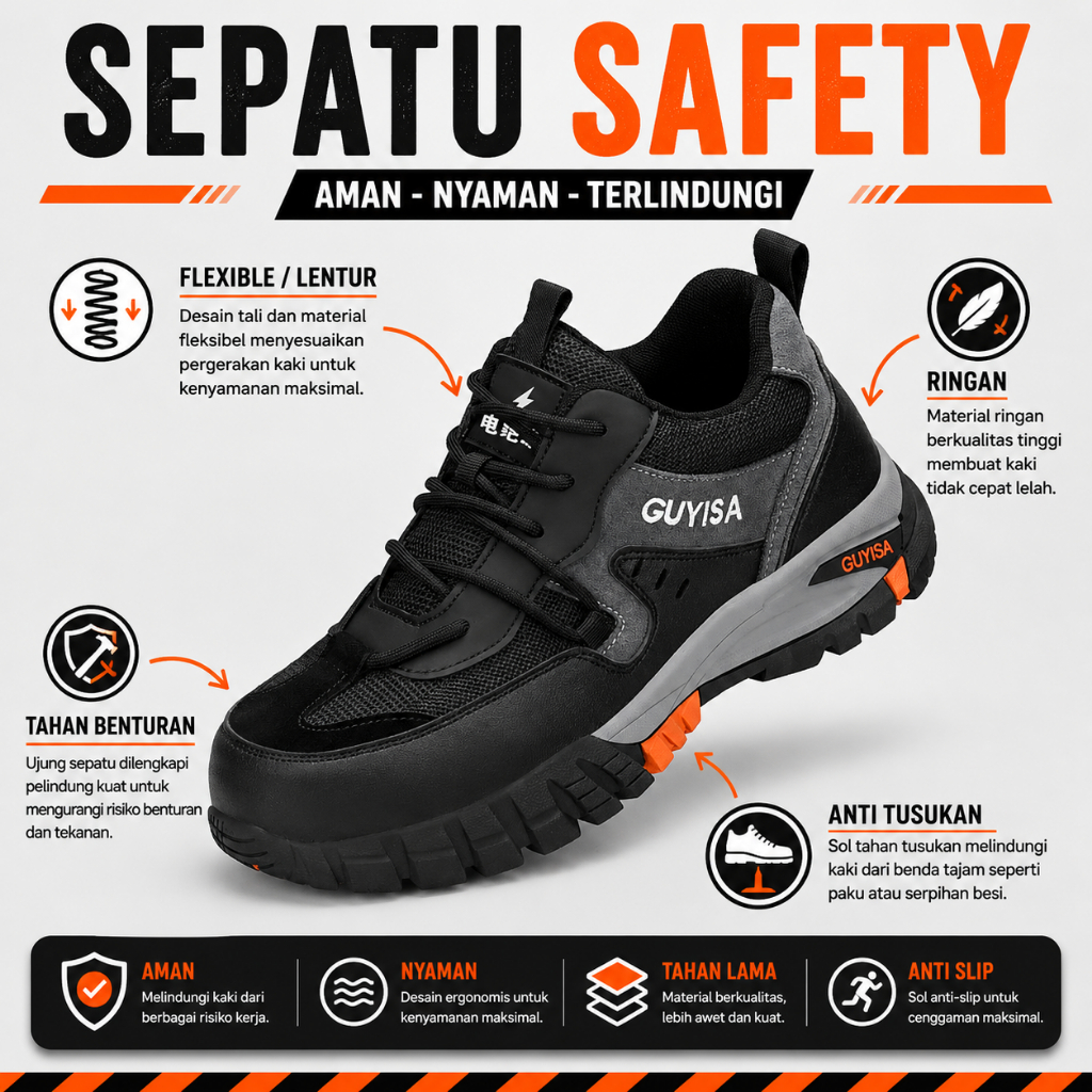 SEPATU SAFETY PRIA UJUNG BESI SAFETY SHOES IMPORT MIDSOLE ANTI PAKU ORIGINAL